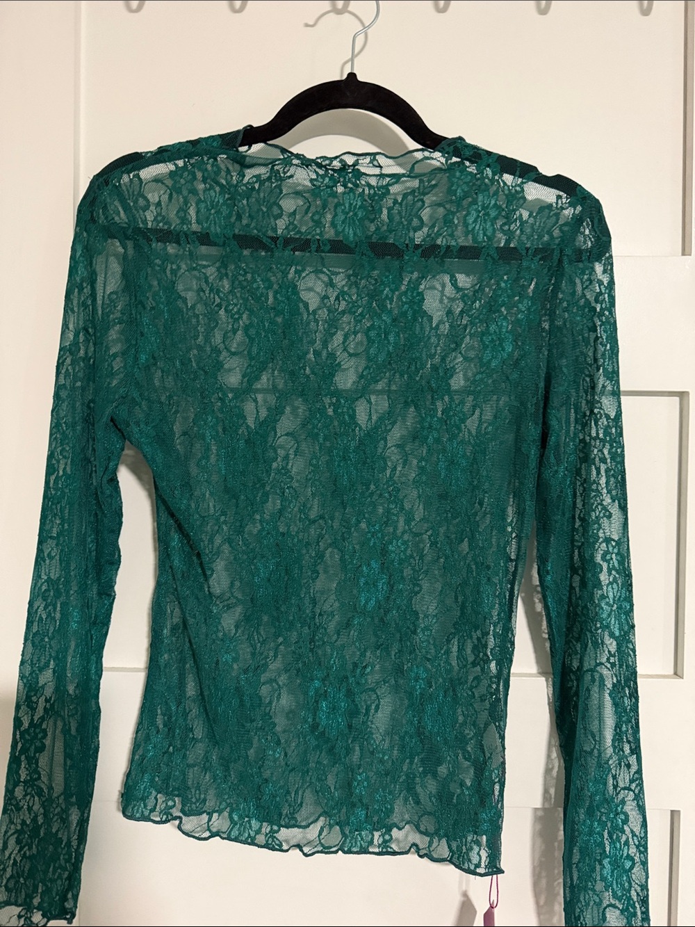 Sheer Emerald Lace Long-Sleeve Blouse